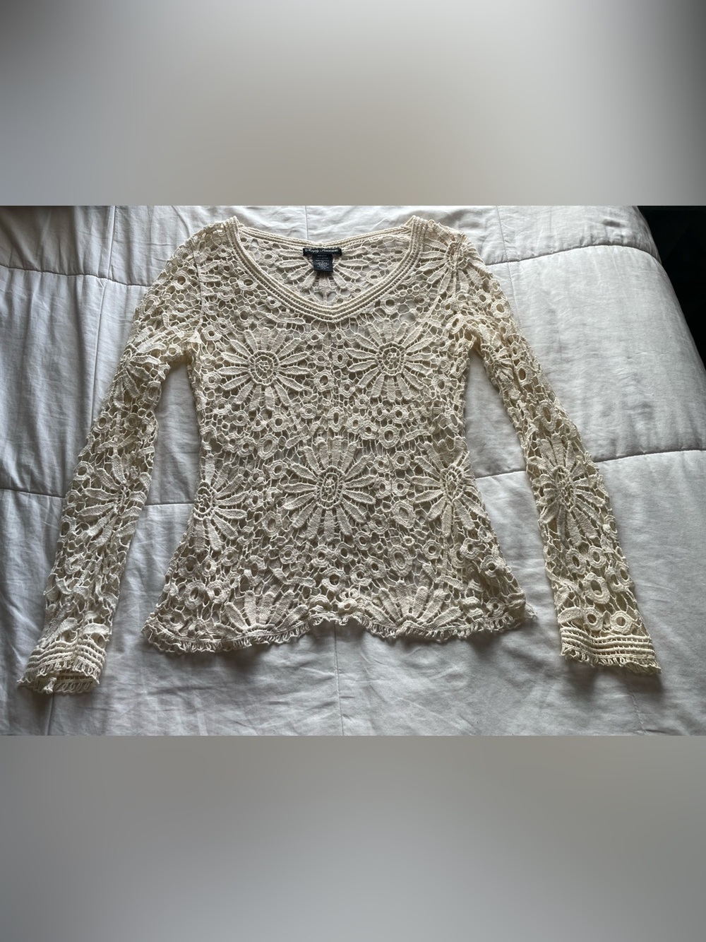 Cream Floral Crochet Macrame Open Knit Cotton Sweater Large Y2K Boho Festival